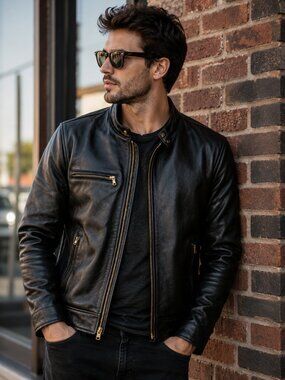 FMC Black Leather Cafe Racer Motorcycle Jacket Mens Medium 42 Chest
